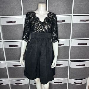 Eliza J Fit and Flare Lace Dress Black 3/4 Sleeve Faille Size 4P